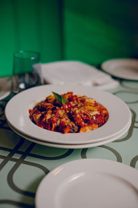 High angle view of food in plate on table