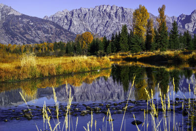 Scenic view of lake and mountains against sky