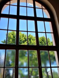 Low angle view of trees seen through window