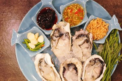 High angle view of food served on table