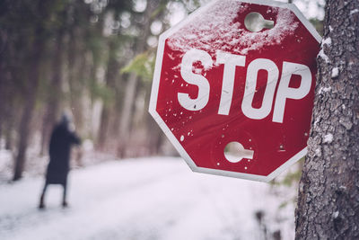 Close-up of road sign on tree during winter