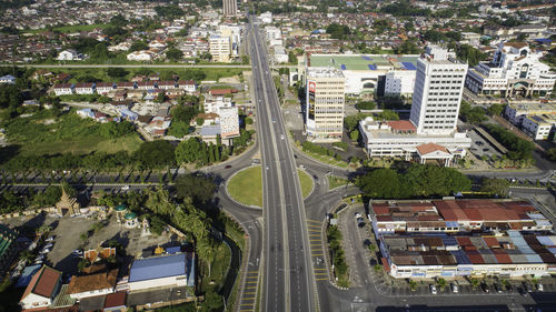 High angle view of street amidst buildings in city