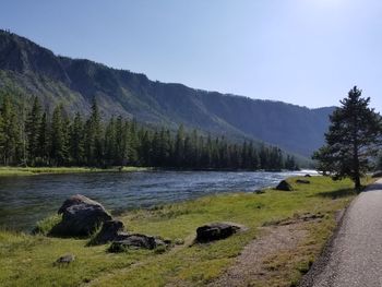 Scenic view of lake and mountains against clear sky