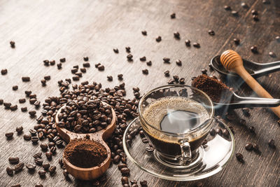 High angle view of coffee beans on table