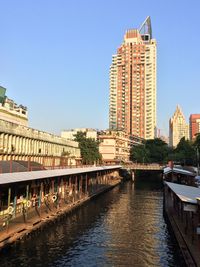 Bridge over river by buildings against clear sky