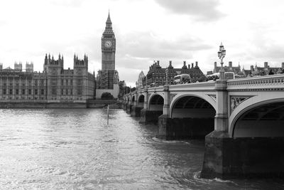 Arch bridge over river against buildings in city