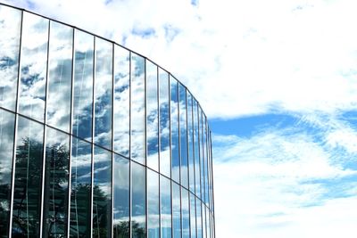 Low angle view of modern building against cloudy sky