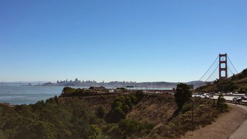 View of suspension bridge over sea