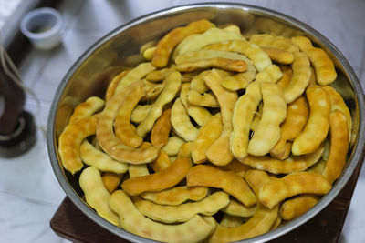 High angle view of noodles in bowl on table