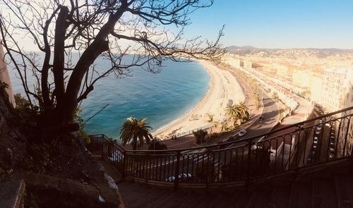 High angle view of road by sea against sky