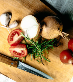High angle view of chopped vegetables on cutting board