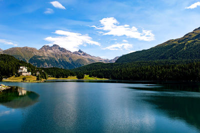 Scenic view of lake and mountains against sky