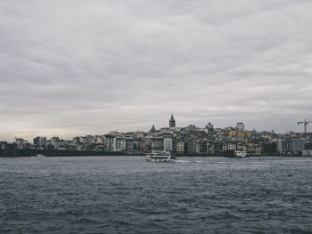 View of buildings by sea against cloudy sky