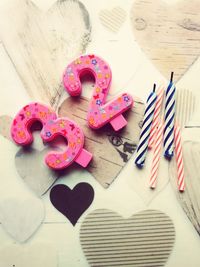 High angle view of birthday candles on table