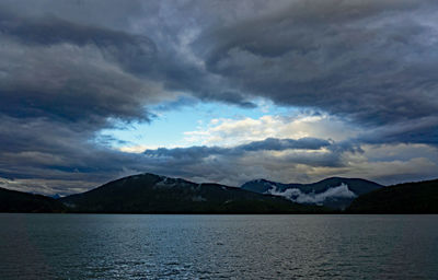 Scenic view of lake and mountains against sky