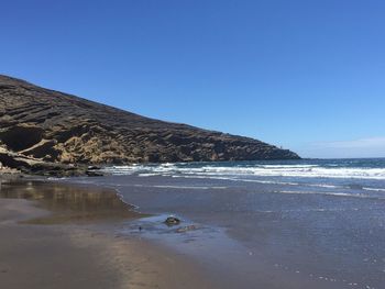 Scenic view of sea against clear blue sky