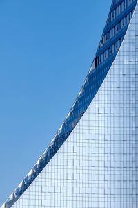 Low angle view of modern building against clear blue sky