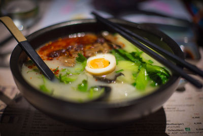High angle view of soup in bowl