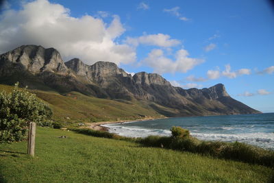 Scenic view of mountains against cloudy sky
