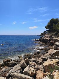 Rocks by sea against blue sky