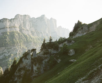 Scenic mountain views while hiking in the swiss alps. shot on medium format kodak portra 400 film.