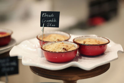 Close-up of dessert served on table