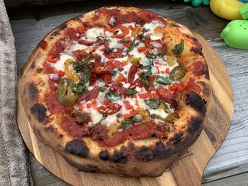 High angle view of pizza on table