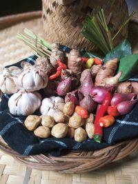 High angle view of vegetables in basket on table