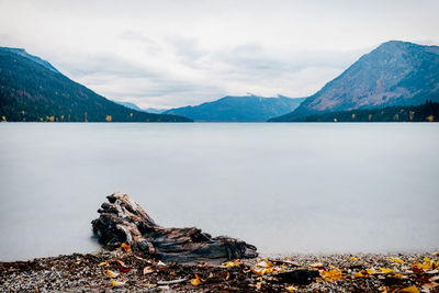 Scenic view of lake and mountains against sky