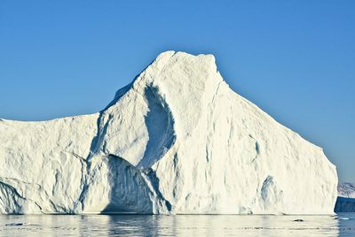 Panoramic view of snow covered mountain against clear blue sky