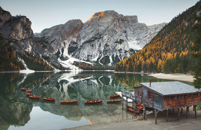 Scenic view of lake by snowcapped mountains against sky