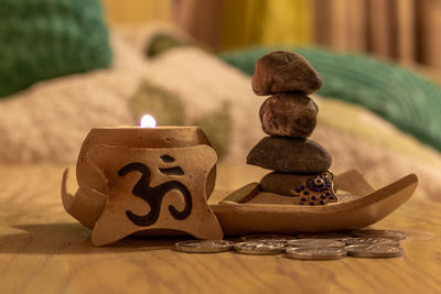 Close-up of stones on table