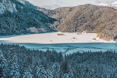 Snowy mountains and trees in the alps. view of the lake eibsee. germany.