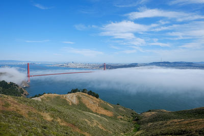 Golden gate bridge against sky during foggy weather