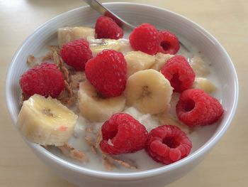 High angle view of strawberries in bowl