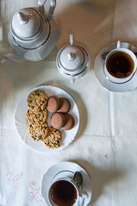 High angle view of breakfast served on table