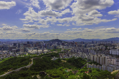 High angle view of buildings against sky