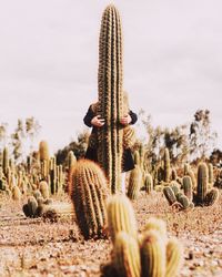 Mid distance view of man hugging cactus plant on field against sky
