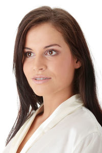Portrait of a beautiful young woman over white background