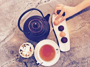 High angle view of tea cup on table