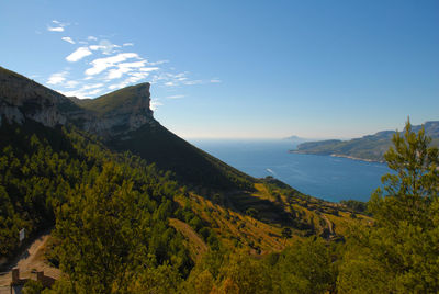 Scenic view of sea and mountains against sky