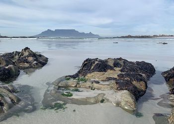 Rocks on beach against sky