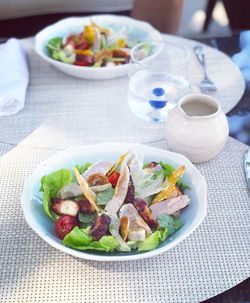 High angle view of breakfast served on table