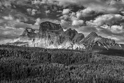 Scenic view of land and mountains against sky