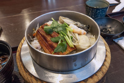 High angle view of meal served on table