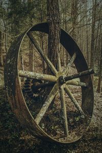 Close-up of rusty wheel on field