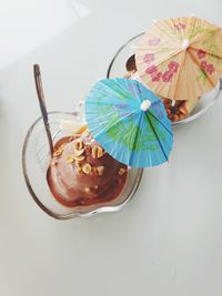 High angle view of ice cream on white background