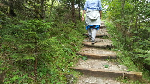 Low section of man walking in forest