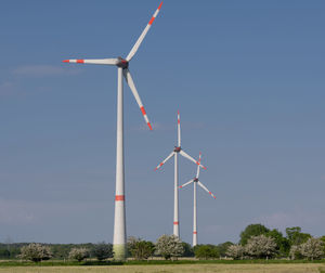 Low angle view of windmill on field against clear sky