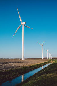 Windmill on field against clear blue sky